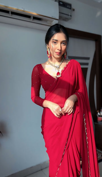Red Color, Featuring A Scalloped Border Georgette Ready To Wear Saree With Stitched Blouse