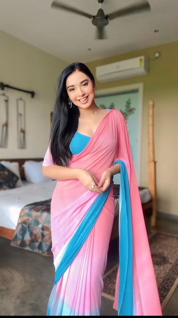 Pink And Sky Blue Georgette Soft Ombre Blend Ready To Wear Saree With Unstitched Blouse