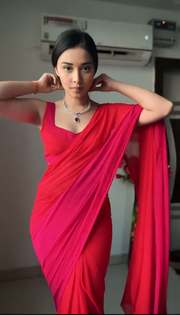 Red And Pink ,Omber Print Georgette Ready To Wear Saree With Unstitched Blouse