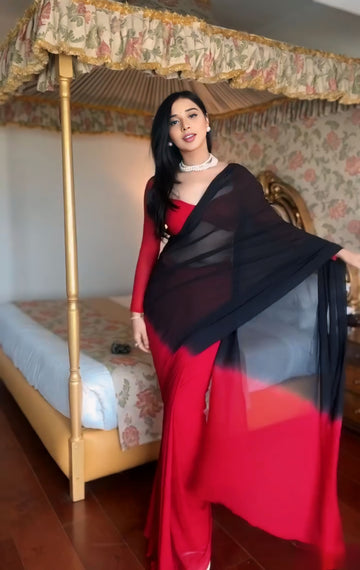Red Black Ombre Effect Georgette Ready To Wear Saree With Unstitched Blouse