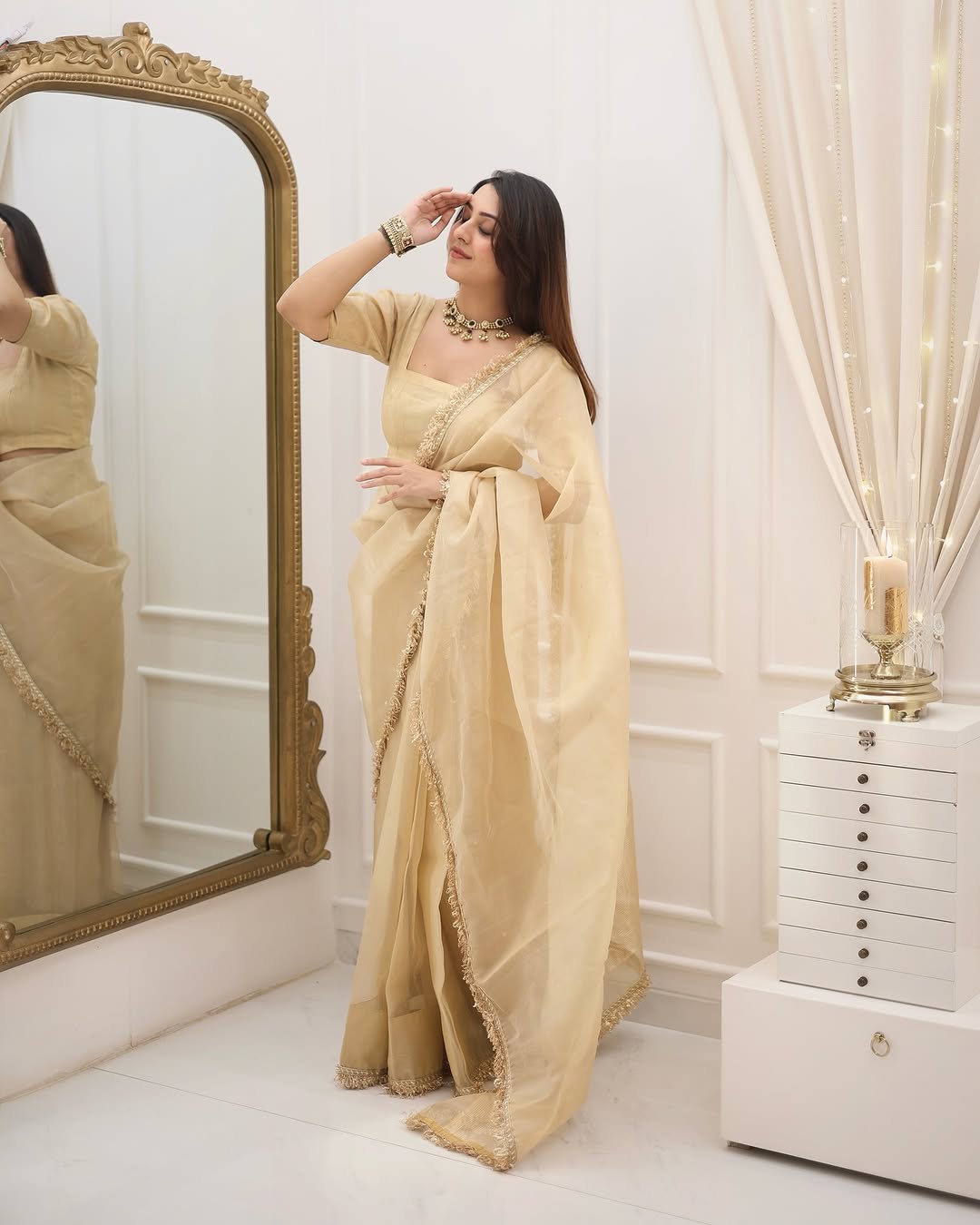 Elegant Cream Cotton Ready to Wear Saree With Unstitched Blouse