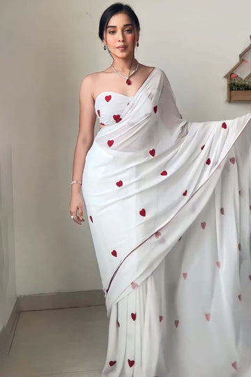 Super classy 1 Minute Ready To Wear White Georgette Saree