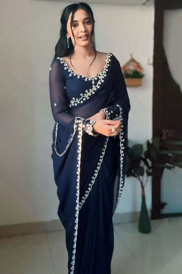Entrancing 1 Minute Ready To Wear Navy Blue Georgette Saree