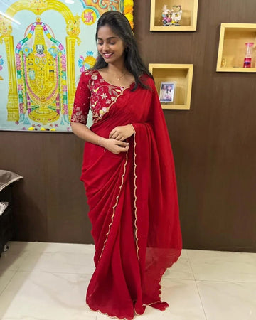Beautiful 1 Minute Ready To Wear Red Georgette Saree