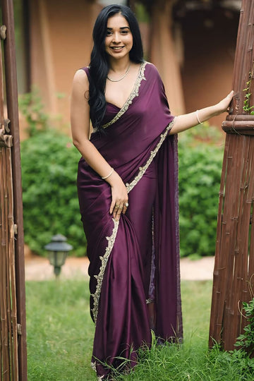 Prominent 1 Minute Ready To Wear Wine Satin Silk Saree