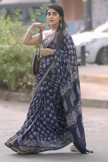 Charismatic 1 Minute Ready To Wear Navy Blue Cotton Saree