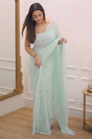 Gratifying 1 Minute Ready To Wear Turquoise Georgette Saree