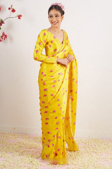 Redolent 1 Minute Ready To Wear Yellow Satin Silk Saree