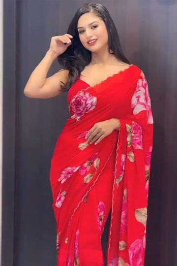 Capricious 1 Minute Ready To Wear Red Georgette Saree