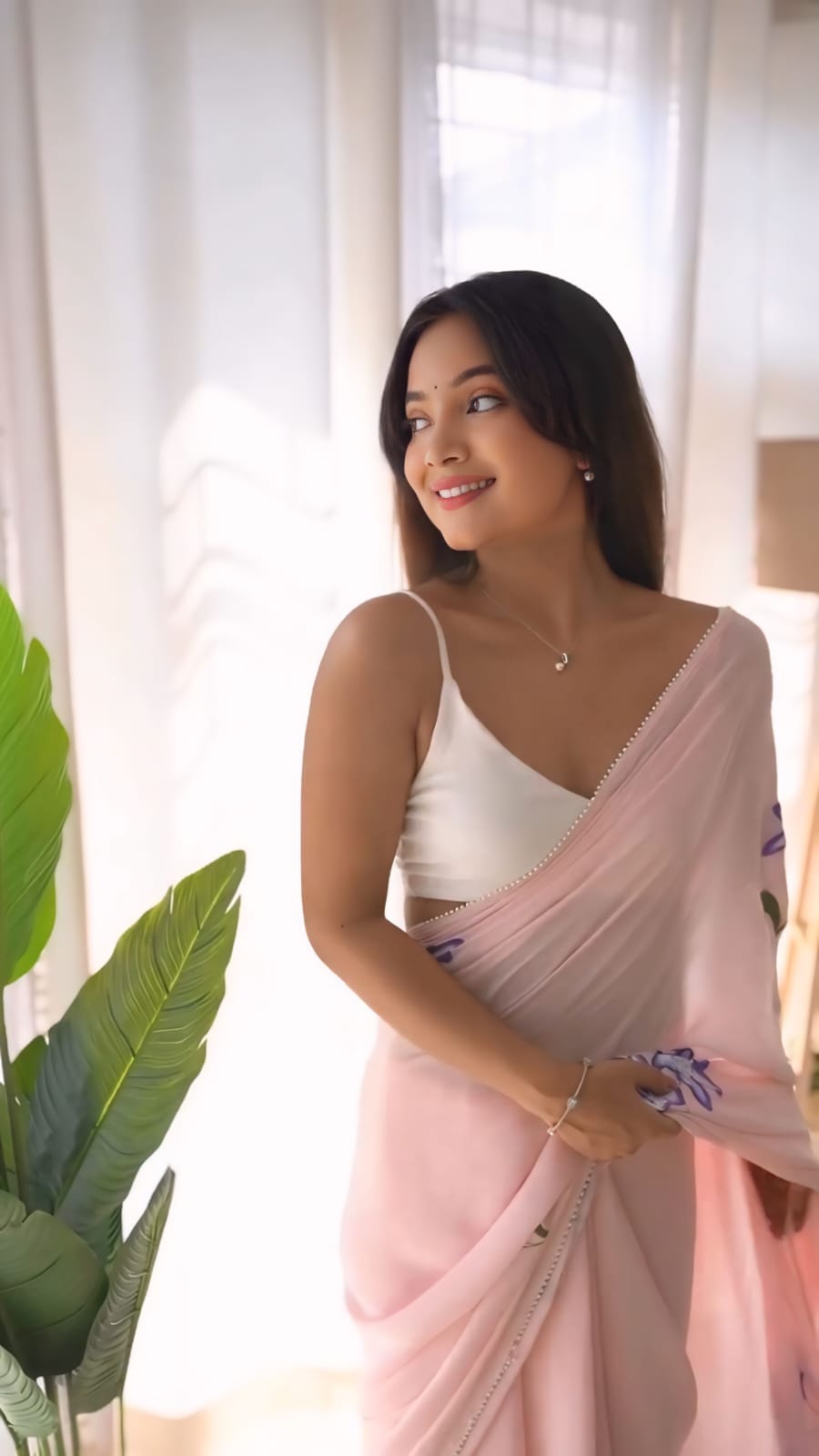 Blush Pink Georgette Ready To Wear Saree with White Unstitched Blouse