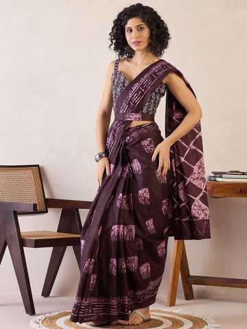 Maroon Ready to Wear Mul Mul Cotton Saree with Batik Print Work with blouse