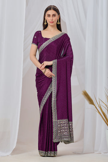 Wine Chinon Silk Saree with Zari Embroidery Work with blouse