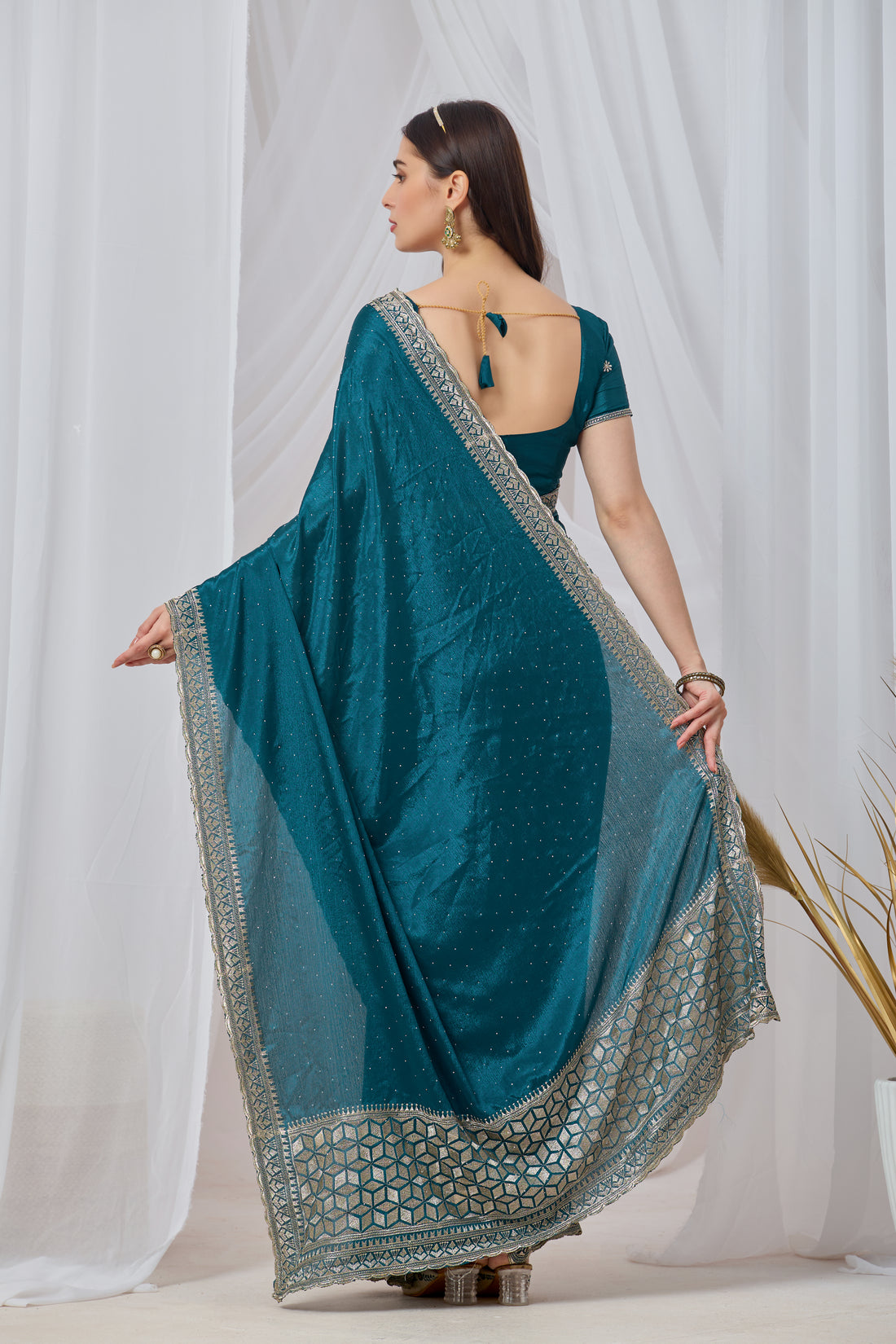 Teal Chinon Silk Saree with Zari Embroidery Work with blouse