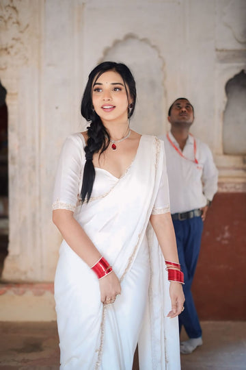 Pure White Rangoli Ivory Lace Embroidery Ready To Wear Saree With Unstitched Blouse