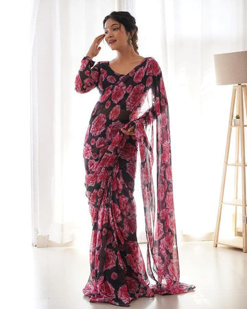 Black Base Color With Bold Pink Rose Floral Prints Georgette Ready To Wear Saree With Unstitched Blouse