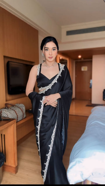 Pure Black Rangoli Ivory Lace Embroidery Ready To Wear Saree With Unstitched Blouse