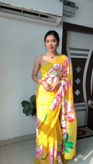 Bright Yellow Large Hand-painted Floral Motifs Georgette Ready To Wear Saree With Unstitched Blouse