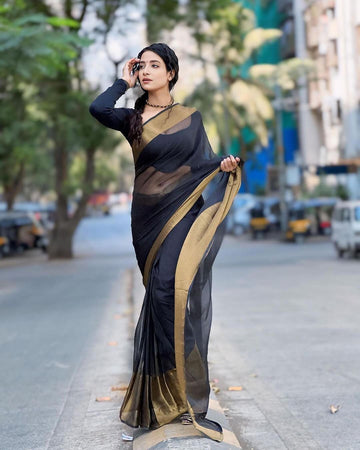 Black Base Small Shiny Golden Border Chiffon Ready To Wear Saree With Unstitched Blouse