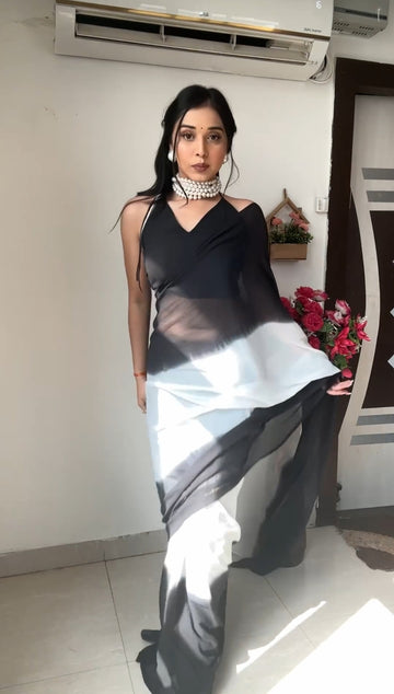 Black And White Omber paint Georgette Ready To Wear Saree With Unstitched Blouse