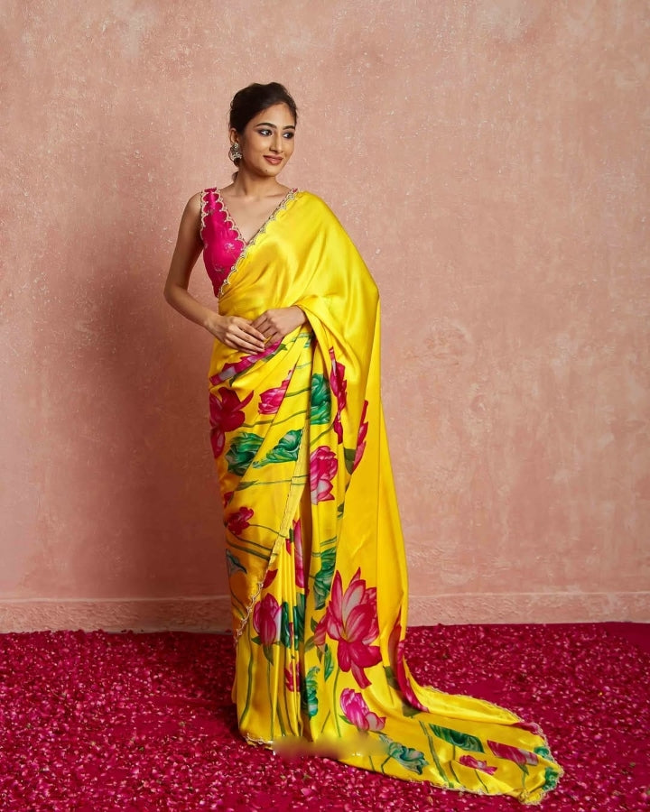 Yellow Color Satin Vibrant Lotus Floral Prints Ready To Wear Saree With Stitched Blouse