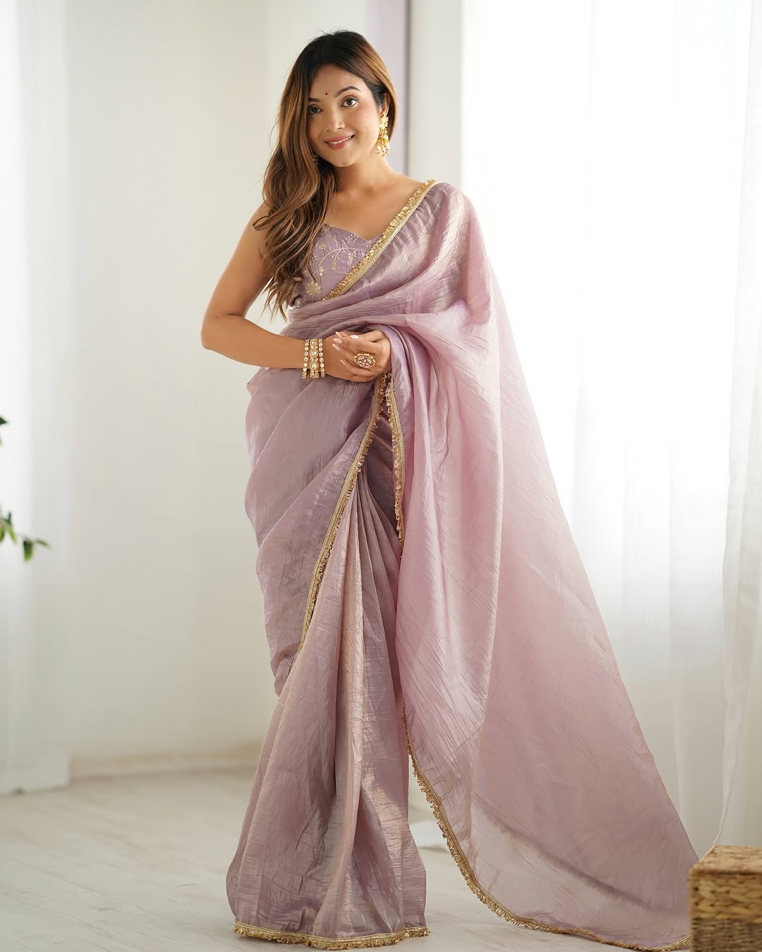 Light Purple Gold Crush Saree With Golden Border Ready To Wear Saree With Embroidered Blouse Stitched