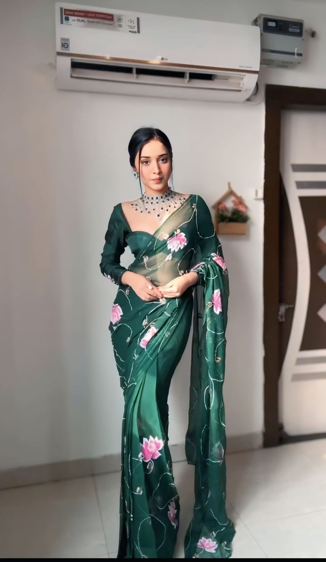 Dark Green Pink Lotus Floral Embroidery And Delicate White Thread Work Ready To Wear Saree With Designer Unstitched Blouse