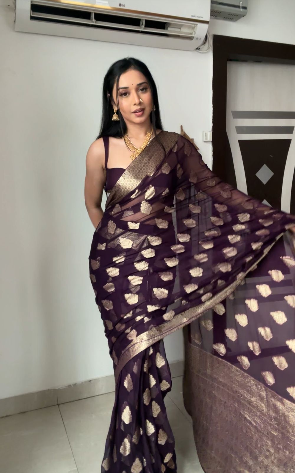 Deep Wine Color Golden Zari Woven Motifs Traditional Cotton Banarasi Ready To Wear Saree With Unstitched Blouse