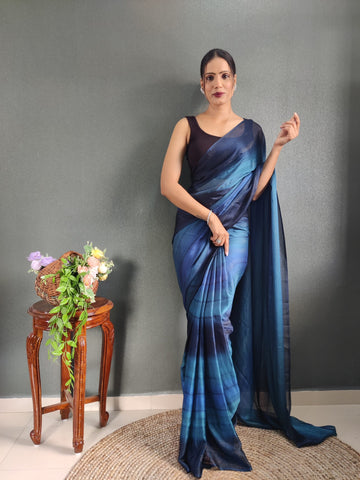 Deep Navy To Teal Shades Georgette Soft Ombre Pattern Ready To Wear Saree With Unstitched Blouse