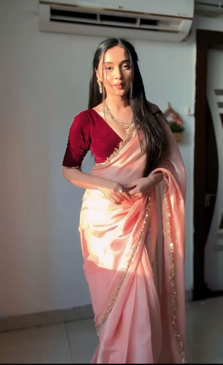 Peach Color Golden Sequin Border Velvet Ready To Wear Saree With Unstitched Blouse