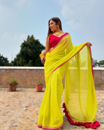 Lemon Yellow Cotton With Hot Pink Border And Tassels Ready To Wear Saree With Unstitched Blouse