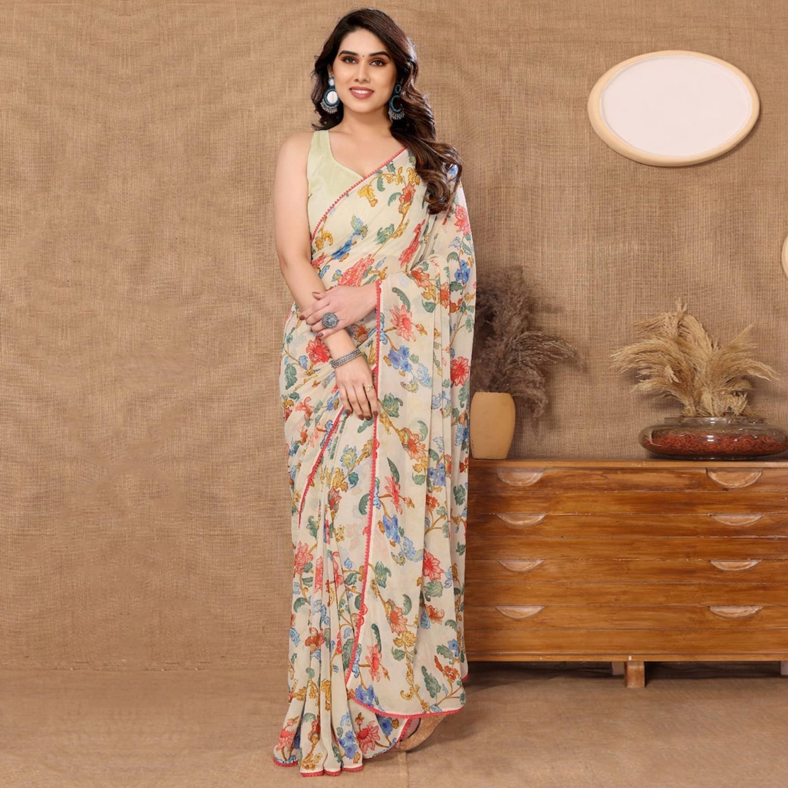 Cream Base Multicolor Floral Prints Georgette Ready To Wear Saree With Unstitched Blouse