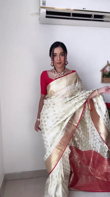 Cream Banarasi Silk Saree With Rich Golden Zari Ready To Wear Saree With Unstitched Blouse