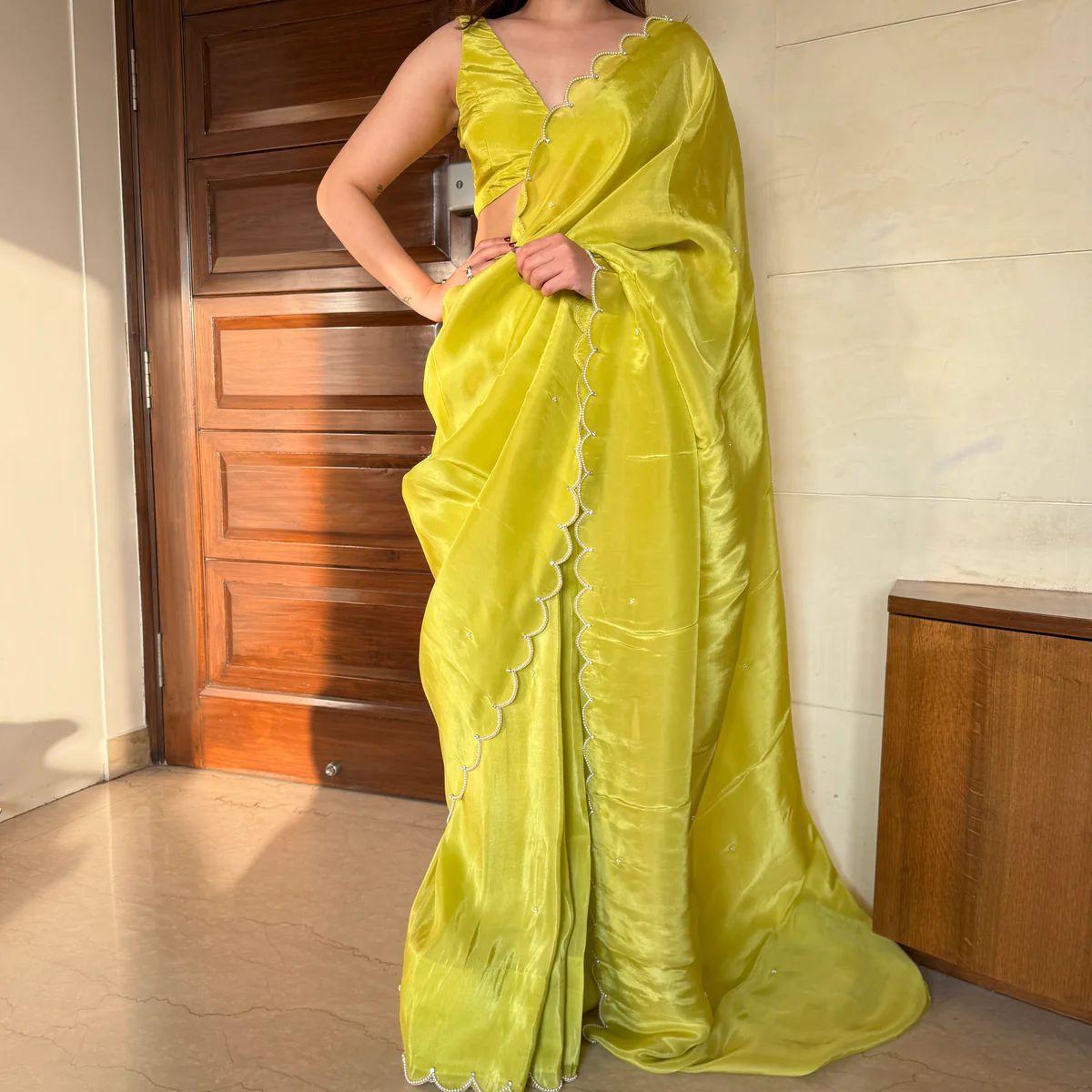 Lemon Yellow Chinon Saree With Pearl Scallop Border Ready To Wear Saree With Solid Blouse Stitched