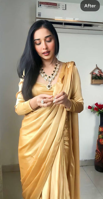 Plain Golden Satin Saree Ready To Wear Saree With Unstitched Blouse