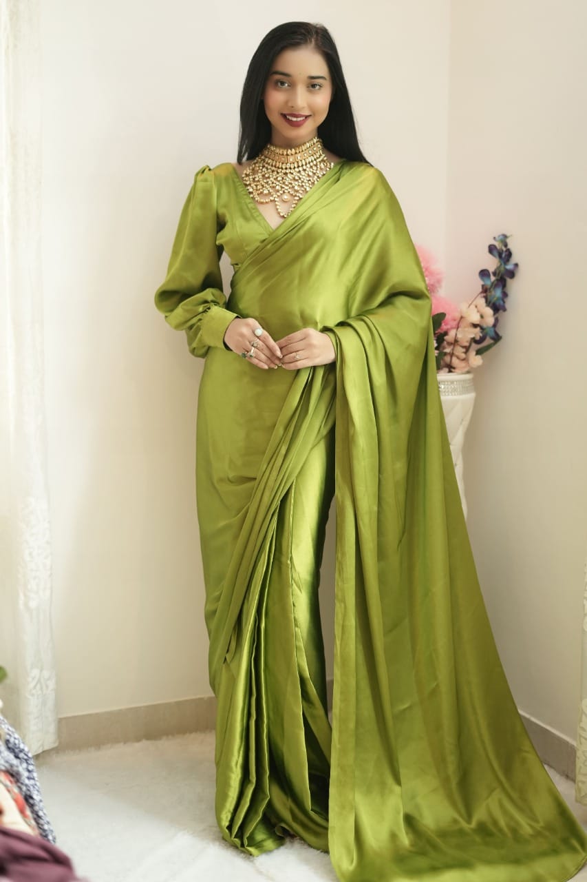 Olive Green Satin Saree Ready To Wear Saree With Unstitched Blouse
