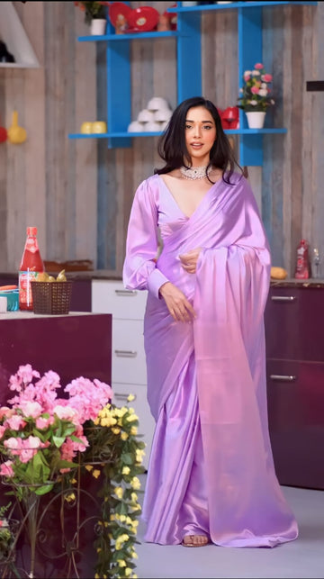 Satin Saree In Lavender And Pink Tones Ready To Wear Saree With Unstitched Blouse