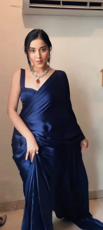 Navy Blue Satin Saree Ready To Wear Saree With Unstitched Blouse