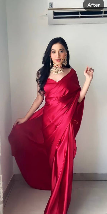 Red Satin Saree Ready To Wear Saree With Unstitched Blouse