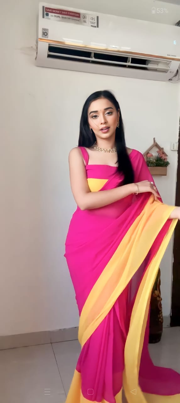 Bright Pink And Yellow Ombre Shades Georgette Ready To Wear Saree With Unstitched Blouse