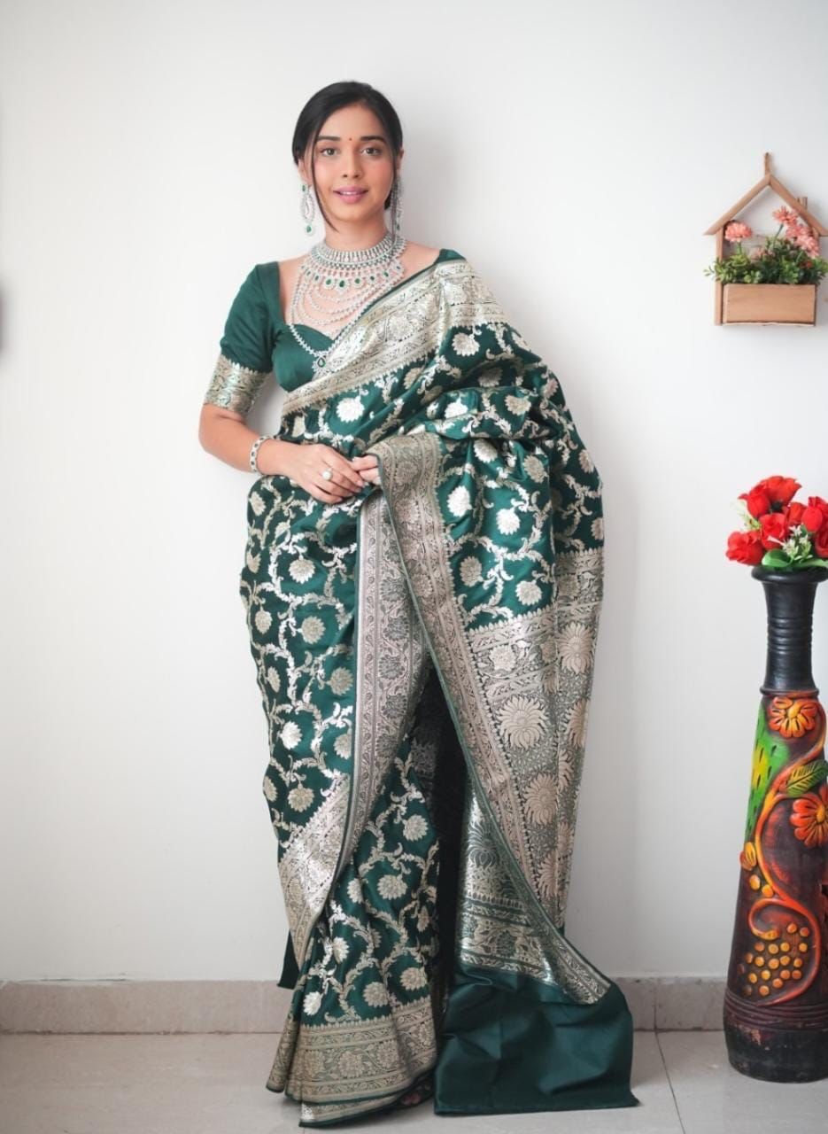Bottle Green Shade Banarasi Silver Zari Floral Saree Ready To Wear Saree With Unstitched Blouse