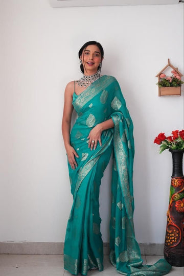 Teal Green Shade Color Banarasi Silk Silver Zari Weaving And Traditional Motifs Ready To Wear Saree With Unstitched Blouse