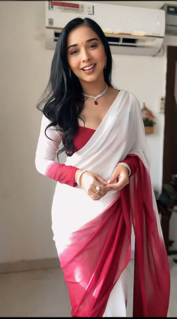 Deep Red And White Georgette ombre design Ready To Wear Saree With Unstitched Blouse