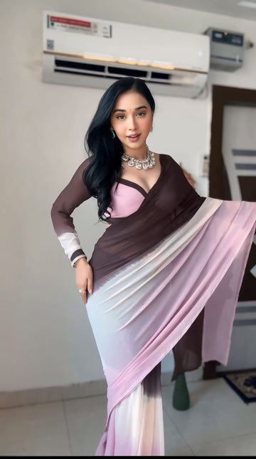 Brown to Bblush Pink Ombre Effect Georgette Ready To Wear Saree With Unstitched Blouse