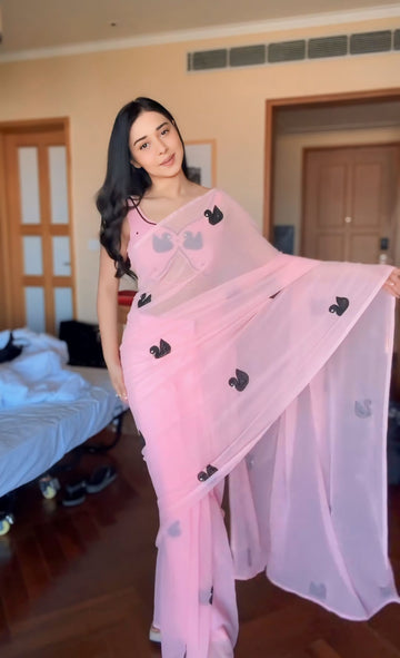 Baby Pink Shade Black Swan Motifs Georgette Ready To Wear Saree With Unstitched Blouse