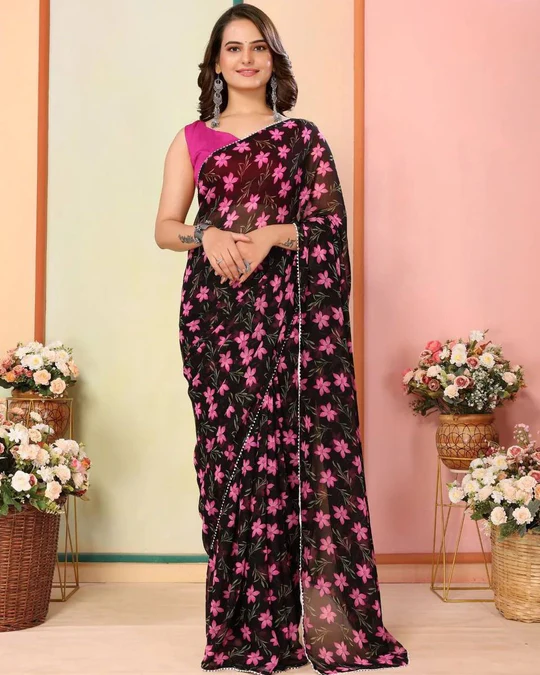 Black ink Floral Prints And Border Georgette Ready To Wear Saree With Unstitched Blouse
