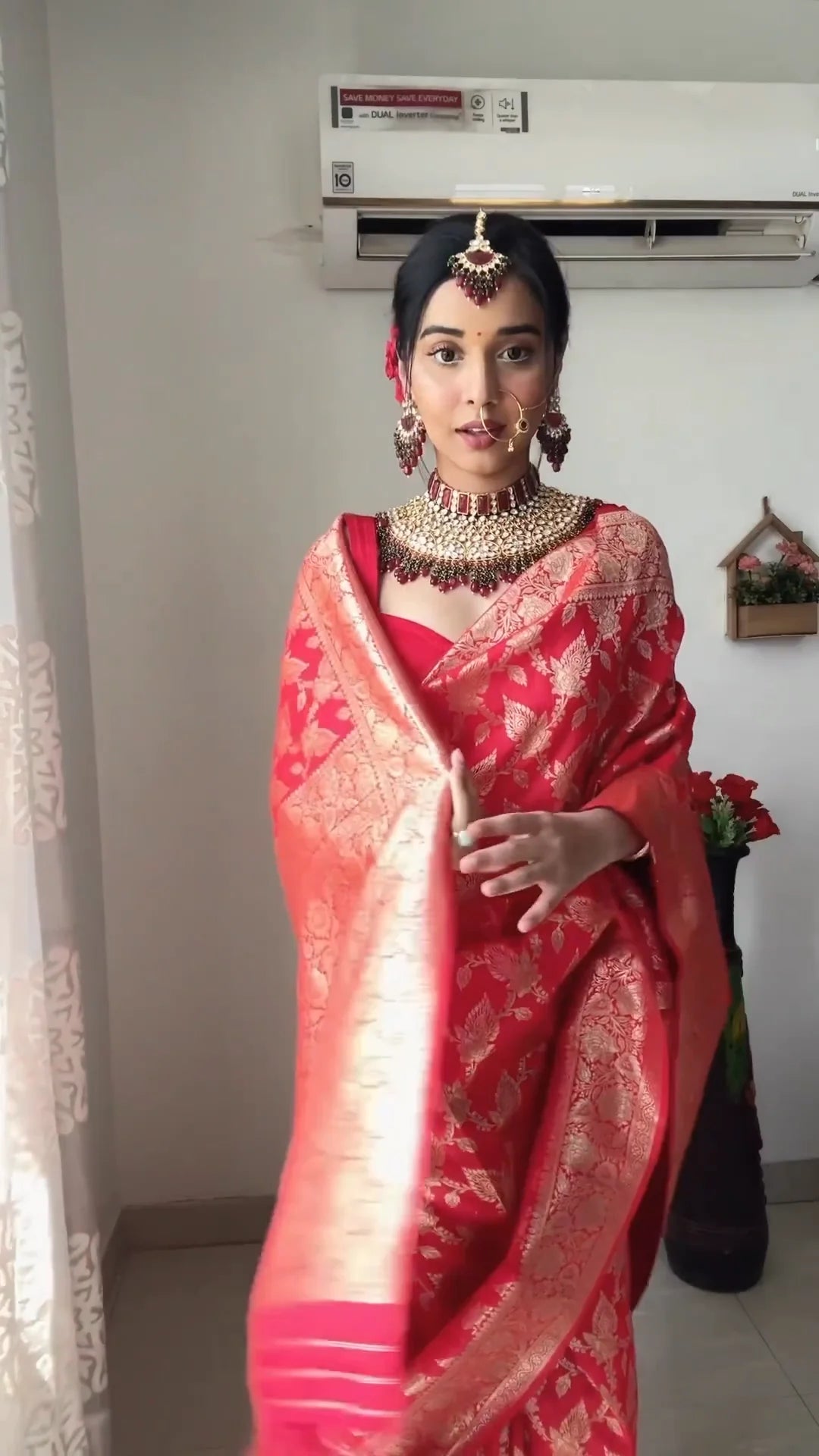 Red Banarasi Silk Saree With Rich Golden Zari Ready To Wear Saree With Unstitched Blouse