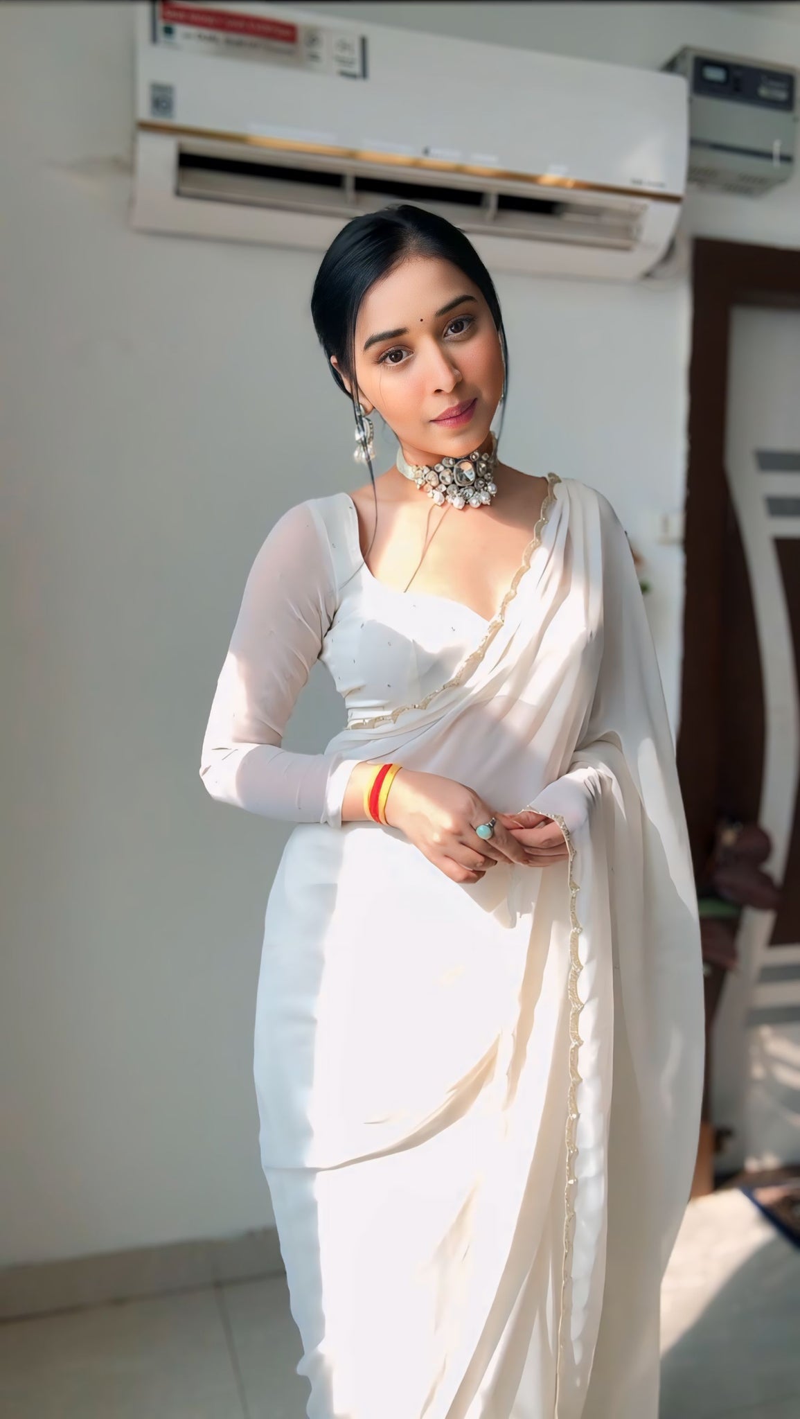 White Color, Featuring A Scalloped Border Georgette Ready To Wear Saree With Stitched Blouse