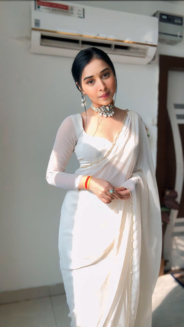 White Color, Featuring A Scalloped Border Georgette Ready To Wear Saree With Stitched Blouse