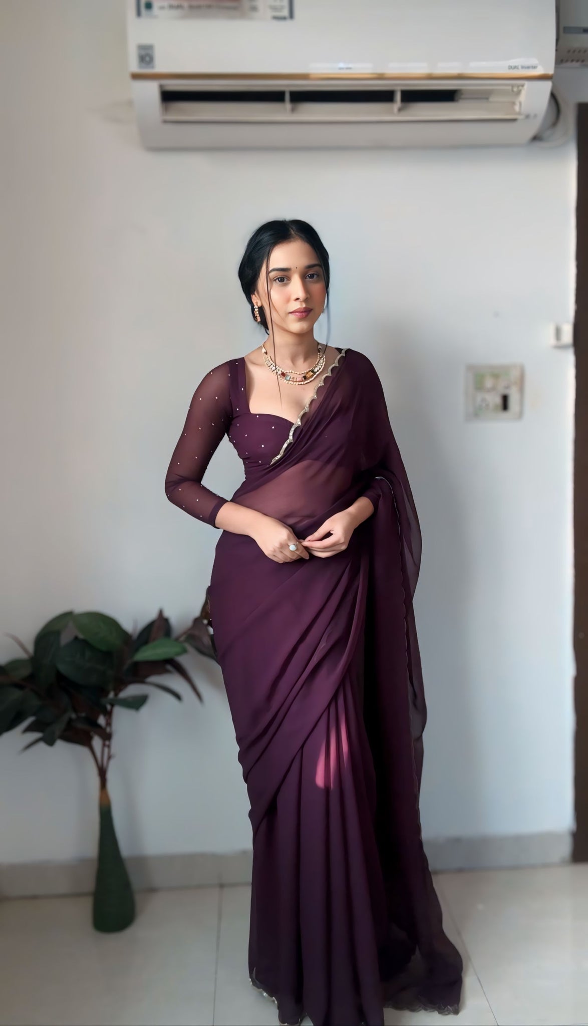 Wine Color, Featuring A Scalloped Border Georgette Ready To Wear Saree With Stitched Blouse