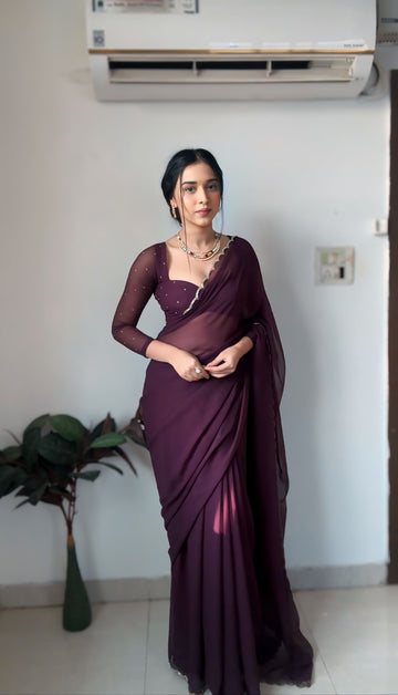 Wine Color, Featuring A Scalloped Border Georgette Ready To Wear Saree With Stitched Blouse
